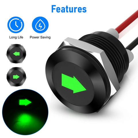 Two Pack 12V Green LED Indicator Lights For Cars And Trucks Waterproof Signal Lamps with green arrow and plug n play feature