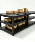 Heavy Duty Garage Workbench With Scratch Resistant Solid Wood Top And Lower Shelf For Toolboxes And Shop Gear with boxes and tools