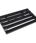 Black 22 X 12.5 Inch Aluminum Guitar Pedal Board with Power Supply Tray, angled view.