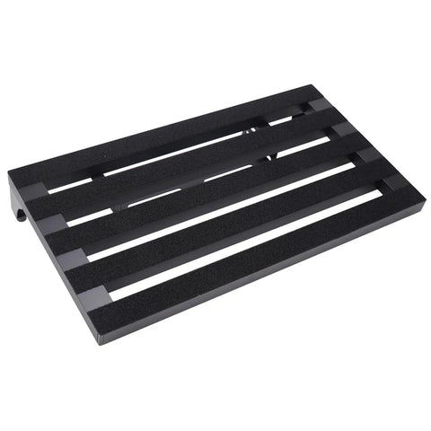 Black 22 X 12.5 Inch Aluminum Guitar Pedal Board with Power Supply Tray, angled view.