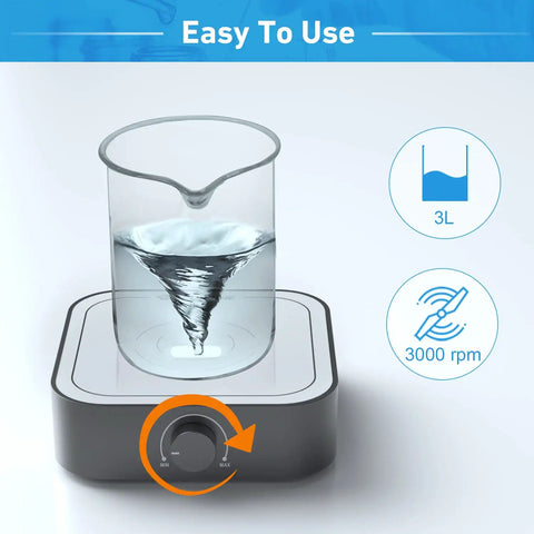 Rechargeable Magnetic Stirrer Mixer 3000 RPM with stir bar, showing 3L capacity and speed indicator, portable lab and kitchen tool.