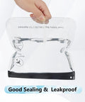 Person holding Clear TSA Approved Security Toiletry Bags Quart Size For EU UK And US Carry-On Regulations, showcasing waterproof features.