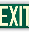 Heavy Duty Tough As Nails Glow In The Dark Exit Sign Green With Silver Frame with chevron arrows mounted on a wall.