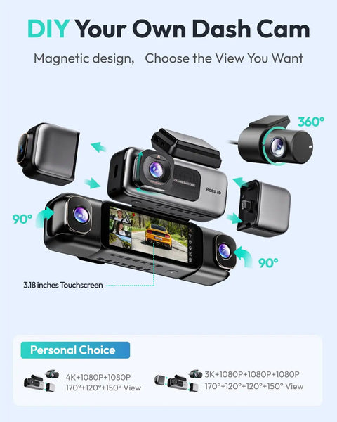 Crystal Clear 3K 4 Channel Dash Cam With 360 Degree All Sides View Front And Rear Inside Car Camera, 3.18 Inch Touch Screen, 90° 360°