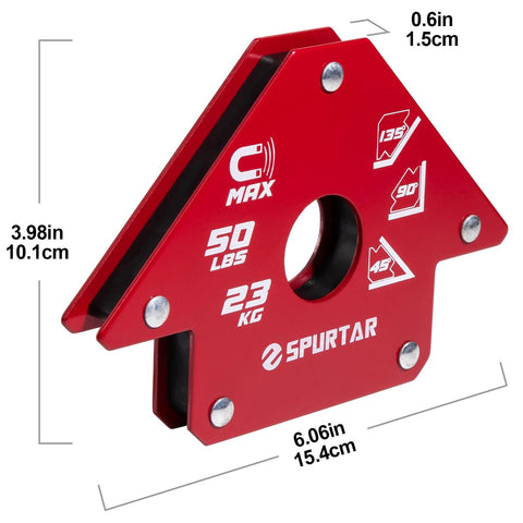 Spurtar red welding magnet square angle clamp, 50 lb holding power, showing 45°, 90°, 135° angles (angled view)