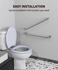 Bathroom with toilet and 2 Pack 32 Inch Anti Slip Shower Grab Bar Handles Knurled Stainless Steel Safety Hand Rails Chrome Finish 1.25 Inch Diameter Heavy Duty Support for Seniors and Handicap Bath Accessibility mounted on wall.