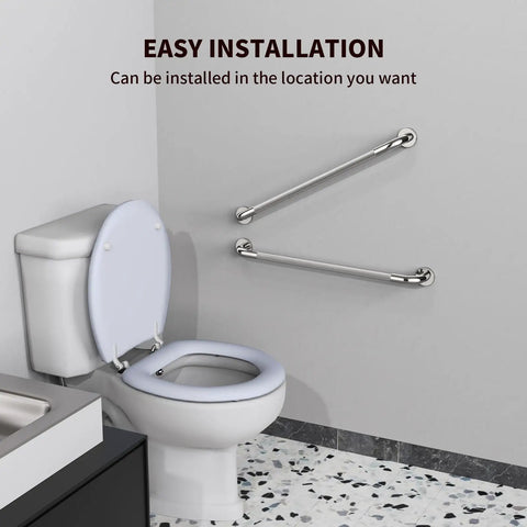 Bathroom with toilet and 2 Pack 32 Inch Anti Slip Shower Grab Bar Handles Knurled Stainless Steel Safety Hand Rails Chrome Finish 1.25 Inch Diameter Heavy Duty Support for Seniors and Handicap Bath Accessibility mounted on wall.