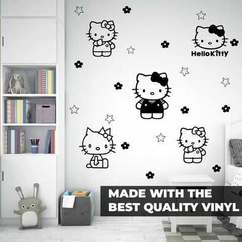 Cute Kids Room Removable Wall Decal Sticker Art 7x9 Inch Vinyl Peel And Stick featuring black kitty designs on a wall in a playroom.