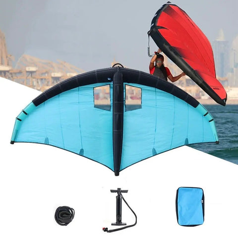 Handheld Inflatable Wing Surf Kite For Wind Wing Foiling And Kitesurfing, Dope Durable Lightweight Surf Wing With Storage Bag, Perfect For Water Play, Surfing, Snow Skiing, And Snowy Beach Sessions, Ergonomic Integrated Handle in blue and red with accessories.