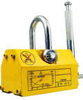 Heavy Duty Magnetic Lifter Featuring Rock Solid 1320lb Pull Strength With A Smooth Rotating Grip For No Sweat Steel Plate Handling During Tough Industrial Metal Crane Hoist Projects - Yellow hoist with steel handle and lifting guidelines.