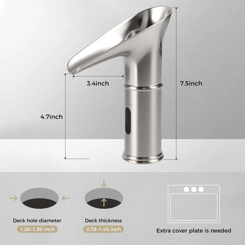 LED Waterfall Touchless Bathroom Faucet With Motion Sensor, Nickel Finish, showing dimensions and installation guidance.