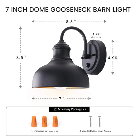 4 Pack Dusk To Dawn Gooseneck Barn Lights With Wall Mount, 7 Inch Exterior Black Sconce With Gold Interior For Farmhouse Porch Or House Exterior, Energy Saving Photocell Sensor Outdoor Lighting shown with dimensions and accessories.
