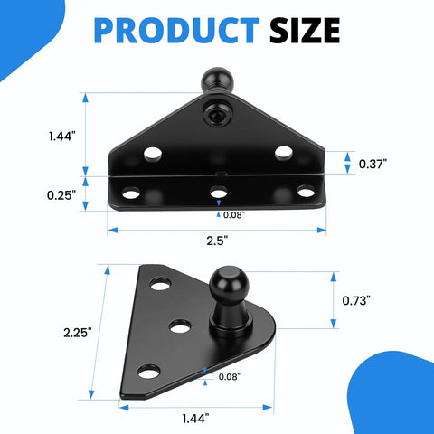 Dimensions of 10mm Ball Stud Mounting Bracket Kit for Gas Shock Strut Prop Lift Support showing L-type and flat mounts.