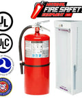 Heavy Duty Twenty Lb Class Abrc Dry Chemical Fire Extinguisher With Tough As Nails Powder Coated Steel Cabinet Plus No Nonsense Pull Aim Squeeze Sweep Sign For Business Ready Use next to UL and ULC logos.