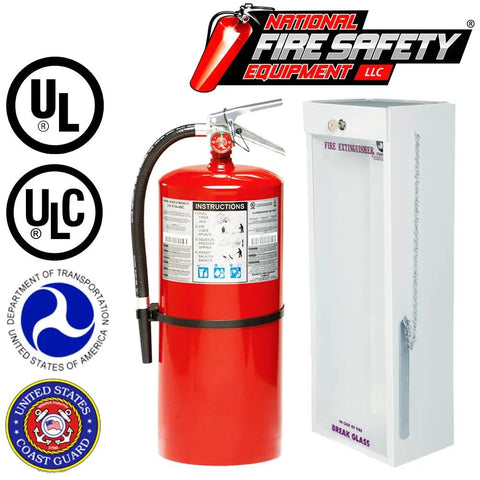 Heavy Duty Twenty Lb Class Abrc Dry Chemical Fire Extinguisher With Tough As Nails Powder Coated Steel Cabinet Plus No Nonsense Pull Aim Squeeze Sweep Sign For Business Ready Use next to UL and ULC logos.