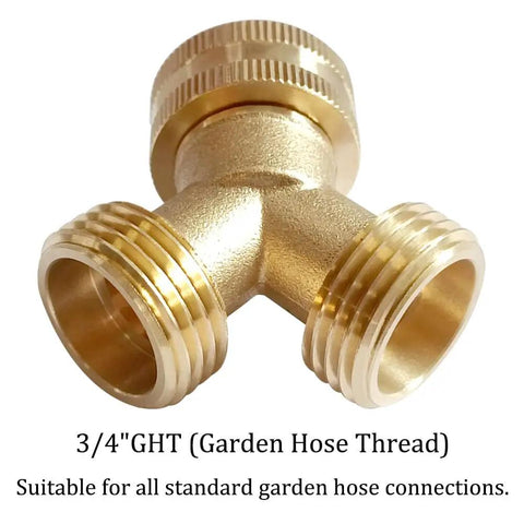 Brass 2 Way Y Shaped Garden Hose Splitter, 3/4 Inch GHT Inlet To Dual 3/4 Inch GHT Outlets, Swivel Connector, No Valve, Double Outlet