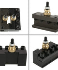 Badass Slick Quick Change Mini Lathe Tool Post Holder With Four Piece Hardcore Aluminum Cutting Blade Set For Boring Turning And Facing On Compact Metal Lathes, black tool post holder with adjustable cutter mount.