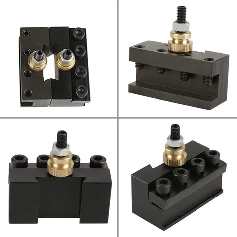 Badass Slick Quick Change Mini Lathe Tool Post Holder With Four Piece Hardcore Aluminum Cutting Blade Set For Boring Turning And Facing On Compact Metal Lathes, black tool post holder with adjustable cutter mount.