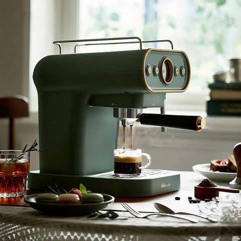 Compact High Pressure Espresso Machine With Steam Frother For Rich Espresso, 15 Bar Pump, green machine on kitchen counter
