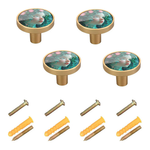 Customizable Mucha Style Round Cabinet Knobs with artistic design, screws and anchors, gold finish, 4 pack