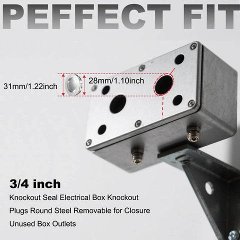 Twelve Pack Built Tough Stainless Steel Knockout Plugs For Electrical Boxes With Sweat Free Removable Waterproof Seals Fits 3/4 Inch Conduit showing exact dimensions.