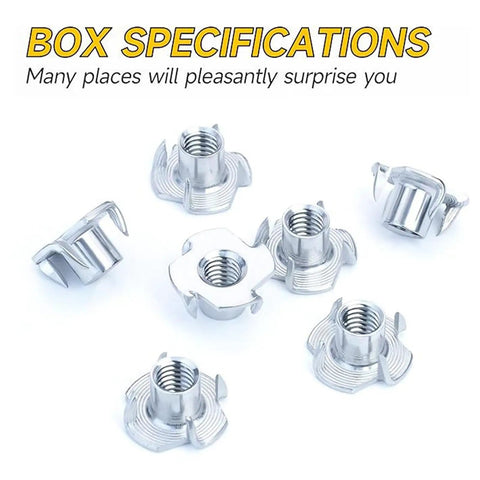 Bulk Pack 210 Units 1/4 20 T Connector Coated Four Point Attachments For Woodworking And Mechanical Installations displayed on white background