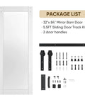 32 Inch By 84 Inch Mirror Barn Door With 5.5 Foot Sliding Hardware Kit Included No Assembly Required White One Lite Full Length Mirror Door Built Tough Solid Wood With Waterproof PVC Surface, package shown with hardware components.