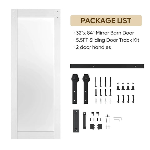32 Inch By 84 Inch Mirror Barn Door With 5.5 Foot Sliding Hardware Kit Included No Assembly Required White One Lite Full Length Mirror Door Built Tough Solid Wood With Waterproof PVC Surface, package shown with hardware components.