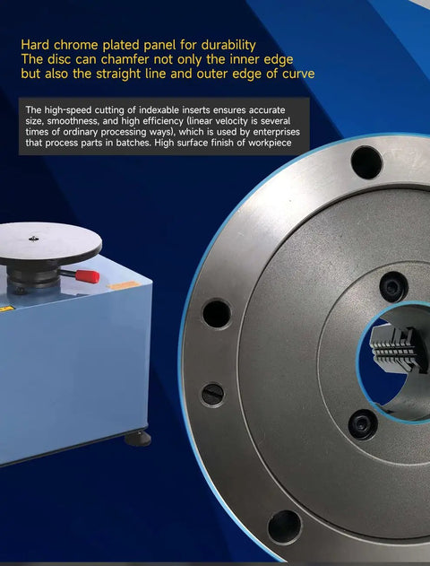 Heavy Duty Electric Arc Chamfering Machine 0 To 4 Mm Range With Rock Solid 45 Degree R2 Bevel At 10000 Rpm close-up of disc and panel.