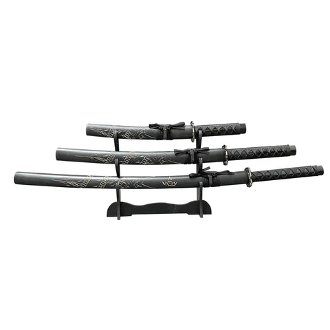 Dope Six Color Iaido Training Katana Set With 1060 Carbon Steel Blades Three Piece With Sword Stand, black motif dragon engravings