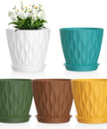 4 Inch Small Plastic Nursery Pots Set Of Five With Drainage Holes And Saucers Water Ripples 3D Wave Design