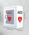 AED cabinet wall-mount, white metal with glass door and metal handle; angled front view, 36×18×40 cm