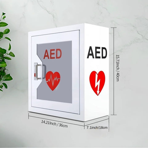 AED cabinet wall-mount, white metal with glass door and metal handle; angled front view, 36×18×40 cm