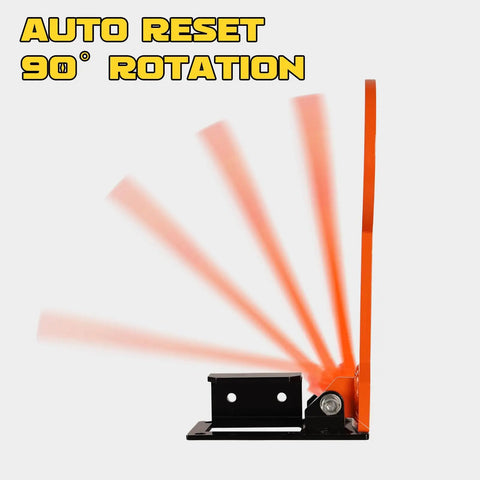 Auto reset feature of Three Eighths AR500 6 Inch Classic Popper Steel Target, orange, showing 90-degree rotation for pistols and rifles