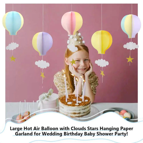 Colorful Hot Air Balloon Paper Garland Set 5 Pieces For Room Party Decor With Clouds And Stars Easy To Hang Festive Wedding Birthday Shower Fun Backdrop Perfect For Baby Showers And More hanging above a birthday cake and child.