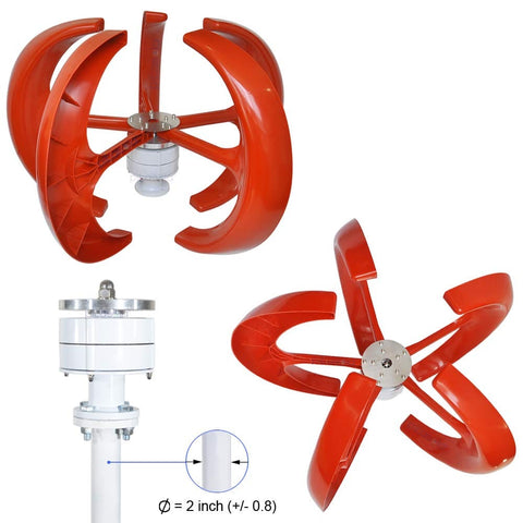 Portable 200W Wind Turbine Kit With 5 Blade Vertical Axis 12V Output 3 Phase Permanent Magnet Generator Controller Built For Hybrid Wind And Solar Systems shown with red blades and mounting detail.