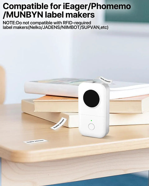 Top Tier Thermal Label Maker Tape 12mm By 40mm Legit Strong Grip White Refill Rolls on a wooden table with text labels.