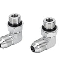 One Half Inch 37 Degree Flare Male To SAE ORB 90 Degree Elbow Connector, shown in two angles