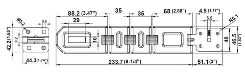 Technical drawing of extra heavy duty concealed safety hasp with flexible link, 6-1/4 inch, zinc plated, showing dimensions and mounting details.