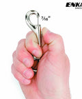 Four Inch Double Ended Snap Hook Nickel Plated Steel With Snappy Spring Gates held in hand showing 7/16 inch opening size.