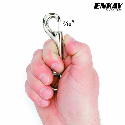 Four Inch Double Ended Snap Hook Nickel Plated Steel With Snappy Spring Gates held in hand showing 7/16 inch opening size.