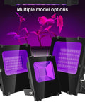 Multiple model options of 200W LED Black Light Flood Lights 395nm Outdoor IP66 Waterproof UV Glow Lights illuminated in purple.