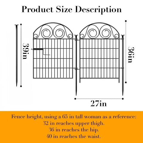 Product size diagram for Tall Garden Dog Fence With Gate 36 Inches High 30.6 Feet Long 14 Panels Black Heavy Duty Metal.