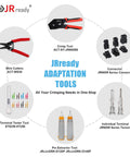 Infographic of JRready adaptation tools, including wire cutters, crimp tool, connectors, terminal tester, and pin extractor.