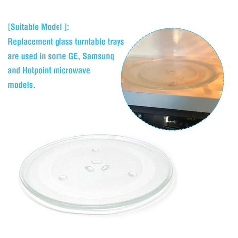 11.25 Inch Microwave Glass Turntable Plate Replacement For GE And Samsung Ovens, shown with suitable models list