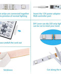 Ultra Long 32.8ft RGB Led Strip Lights Kit setup guide with remote control, connectors, and DIY cut marks for customization.