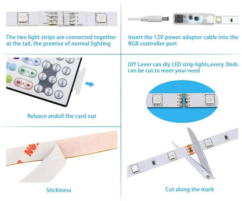 Ultra Long 32.8ft RGB Led Strip Lights Kit setup guide with remote control, connectors, and DIY cut marks for customization.