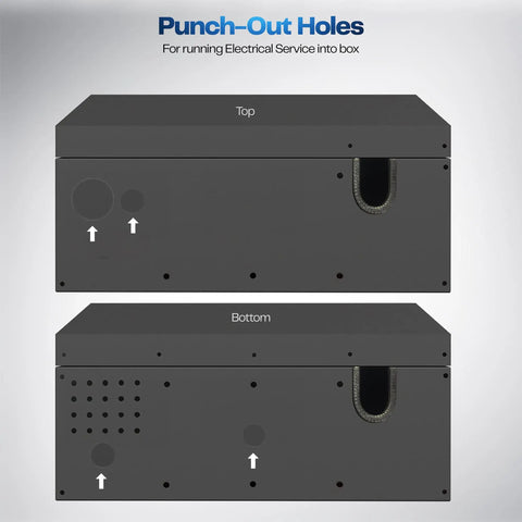 Heavy Duty Wall Mount EV Charger Protective Box With Lockable Safety Padlock Universal Fit, showing punch-out holes for electrical service.