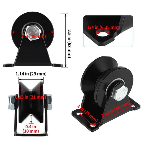 Heavy Duty 2 Inch V Groove Sliding Gate Casters Built Tough With Rock Solid Steel For Silky Smooth Gliding Action Rust Proof Coating Fits Standard 90 Degree V Tracks Comes As Four Pack shown from multiple angles with measurements.