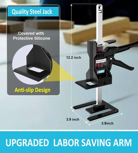 XKONE labor-saving arm jack, front view; black steel clamp with anti-slip base, 12.2 in tall, 3.9 in square footprint.